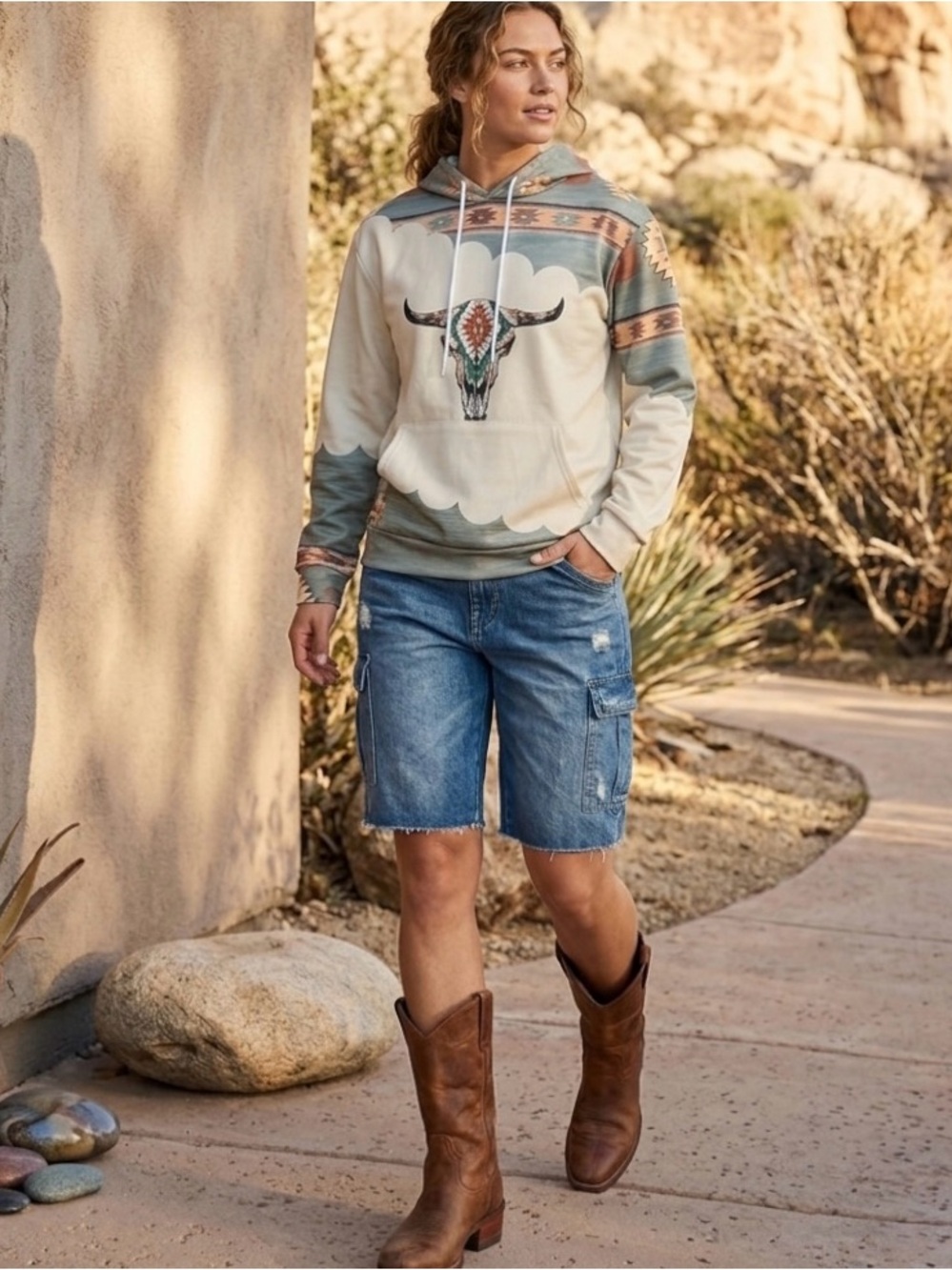 New Southwestern Ikat Bull Skull Athleisure Pullover Hoodie M Green Cream